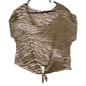 Tres Bien Women Zebra Print Tie Front Blouse Brown Pink Short Sleeve Top Large